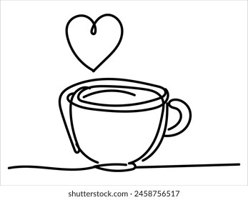 One-line art of handdrawn cup of coffee with heart symbol decorated in a vector design