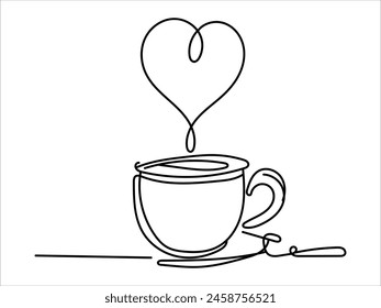 One-line art of handdrawn cup of coffee with heart symbol decorated in a vector design