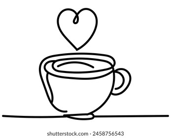 One-line art of handdrawn cup of coffee with heart symbol decorated in a vector design