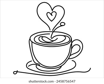 One-line art of handdrawn cup of coffee with heart symbol decorated in a vector design