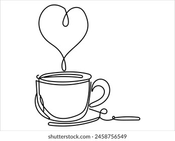 One-line art of handdrawn cup of coffee with heart symbol decorated in a vector design