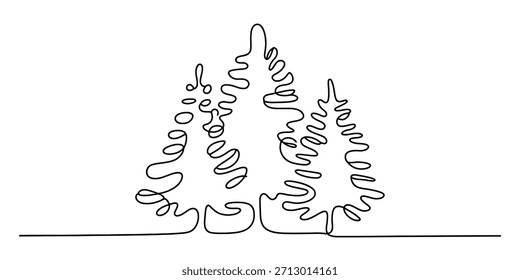 One-line art illustration featuring three abstract evergreen trees on a white background Vector, illustration