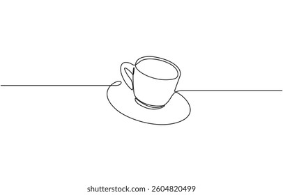 A one-line art illustration of a hot drink, showcasing a continuous line drawing of a coffee cup, Drink single art outline mug logo food. Doodle cup line abstract background breakfast.