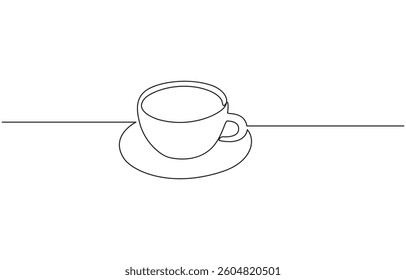 A one-line art illustration of a hot drink, showcasing a continuous line drawing of a coffee cup, Drink single art outline mug logo food. Doodle cup line abstract background breakfast.