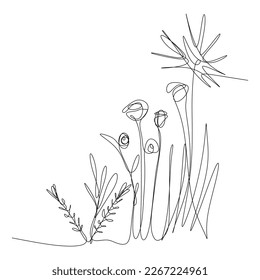 One-line art. One continues line art. grass and flowers