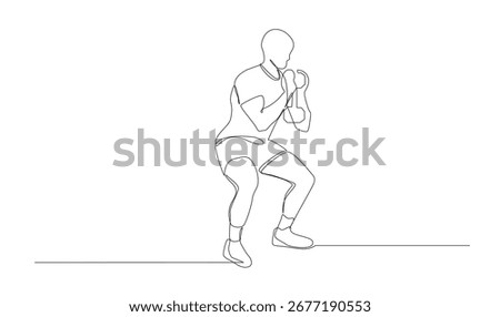 One-line art shows a man in workout clothes performing a dumbbell squat exercise. Useful for health, fitness, or sports concepts.