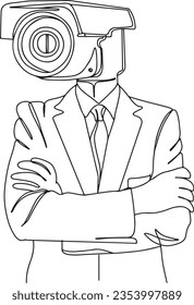 One-Line Cartoon Clip Art of CCTV Camera Headed Policeman - Vector Illustration, Watchful Eye One-Line Cartoon Clip Art of Businessman with CCTV Camera on Head, Character Design of CCTV Camera-Headed 