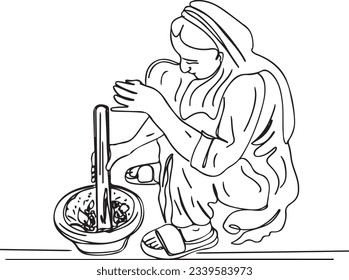 One-Line Cartoon: Indian Village Woman Making Chutney in Kundi Sota, Continuous Sketch: Punjabi Woman Preparing Sarson Ka Saag - Cartoon