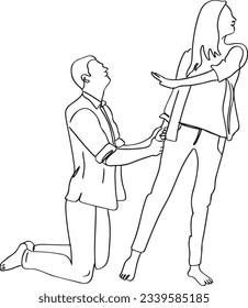 One-Line Cartoon: Man Apologizing to Girlfriend on His Knees, Continuous Sketch: Apologetic Man Kneeling to His Wife - Cartoon