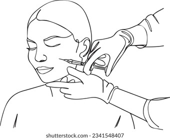 One-Line Cartoon of Woman Receiving Cosmetic Injection,  Continuous Sketch of Woman Getting Cosmetic Injection, Facial Rejuvenation Delight