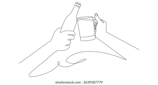 One-Line Cheers: Beer Bottle and Mug Toast – Minimalist Vector Illustration