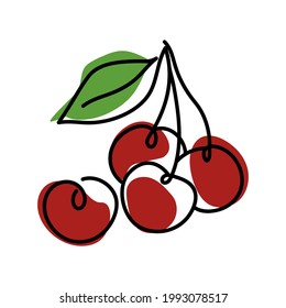 Oneline cherries.Trendy monoline,continuous line berry.Vector hand drawn illustration of healthy food.For modern decor of menu, kitchen posters,patterns,icons and others creative designs.