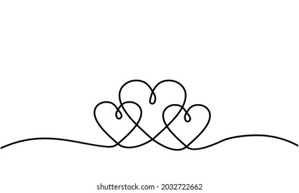 One-line, continuous drawing of a love sign with three hearts embracing a minimalist design on a white background