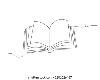 One-line continuous drawing open book with flying pages. Vector illustration education material back to school theme.