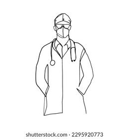 Retrato de línea continua de una sola línea de médico, especialista, tratamiento aislado en blanco, dibujado a mano, ilustración, vector.