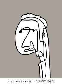 One-line continuous portrait hand drawn illustration portrait in cartoon abstract style doodle man white black grey