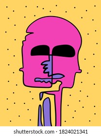One-line continuous portrait hand drawn illustration portrait in cartoon abstract style doodle man yellow pink violet