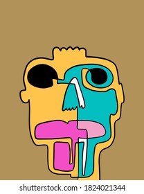 One-line continuous portrait hand drawn illustration portrait in cartoon abstract style doodle man turquoise purple orange white