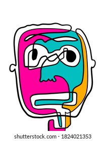 One-line continuous portrait hand drawn illustration portrait in cartoon abstract style doodle man pink turquoise white