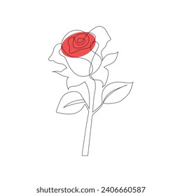 One-line continuous rose flower drawing and single-line style outline vector art illustration