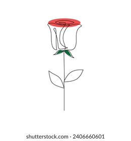 One-line continuous rose flower drawing and single-line style outline vector art illustration