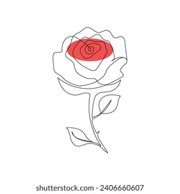 One-line continuous rose flower drawing and single-line style outline vector art illustration