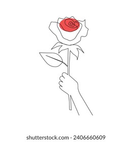 One-line continuous rose flower drawing and single-line style outline vector art illustration