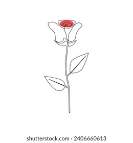 One-line continuous rose flower drawing and single-line style outline vector art illustration