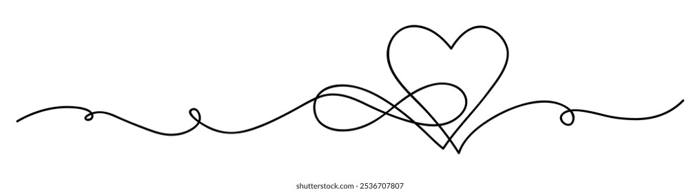 Dibujo en línea. Elemento de borde Horizontal decorativo Abstractas con corazón y signo del infinito. Símbolo del amor eterno. Elemento de diseño divisor de contorno para San Valentín o día de boda. Ilustración vectorial.