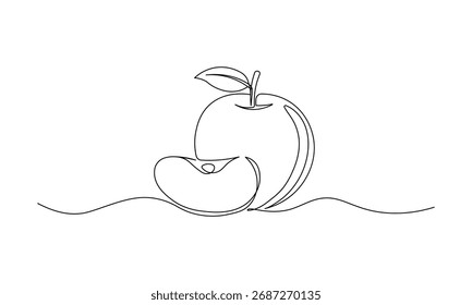 Dibujo de una línea de una manzana. Arte lineal continuo minimalista de una manzana entera y media