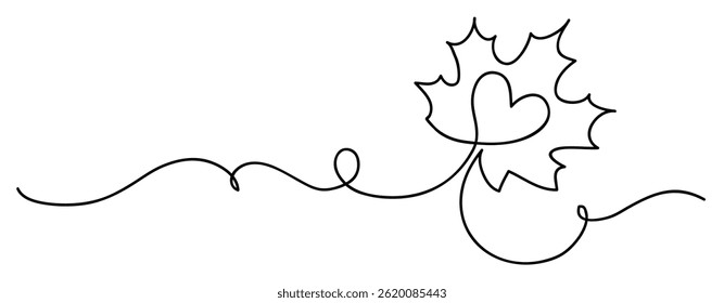 Dibujo en línea con hoja de arce de otoño y forma de corazón. Me encanta el concepto de otoño. Vector ilustración de stock.