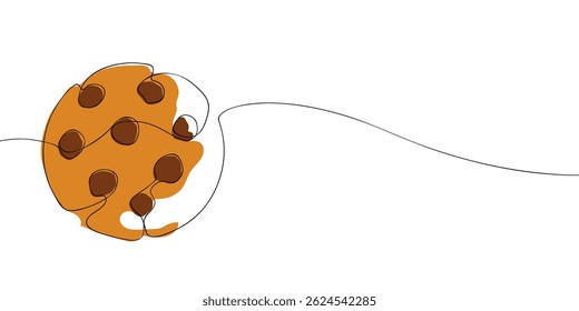 One-line drawing of a chocolate chip cookie with colored details, ideal for bakery branding, dessert graphics, or food packaging.  
