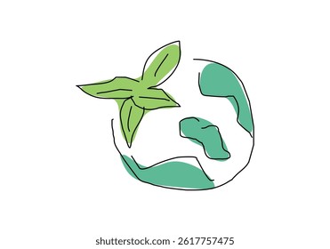 One-line drawing of Earth with a sprouting leaf on top, symbolizing sustainability, environmental protection, and green living.
