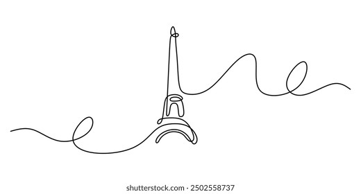 One-line drawing of the Eiffel Tower in Paris. Depicts the Parisian skyline, highlighting French landmarks in a simple, linear style.