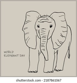 One-line drawing of elephant on beige background. One-line art design. Vector illustration for the World Elephant Day, postcard, banner, web, advertising, articles.