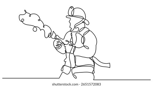 One-line drawing of a firefighter in gear using a hose to spray water, with swirling lines representing the water flow. The image captures action, bravery, and dedication in a minimalist style
