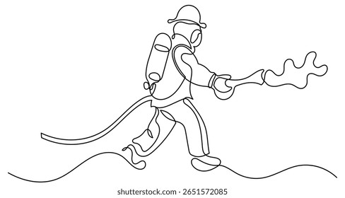 One-line drawing of a firefighter in gear using a hose to spray water, with swirling lines representing the water flow. The image captures action, bravery, and dedication in a minimalist style