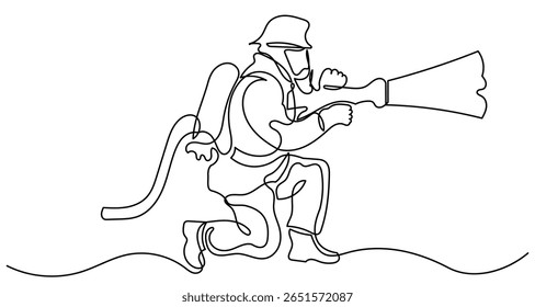 One-line drawing of a firefighter in gear using a hose to spray water, with swirling lines representing the water flow. The image captures action, bravery, and dedication in a minimalist style