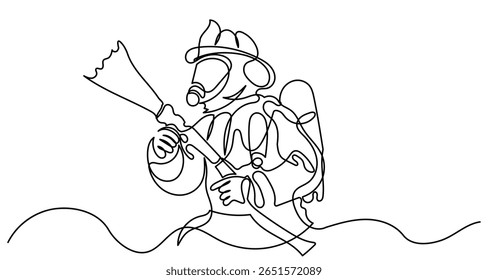 One-line drawing of a firefighter in gear using a hose to spray water, with swirling lines representing the water flow. The image captures action, bravery, and dedication in a minimalist style