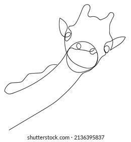 Oneline drawing of giraffe. Cartoon wild animal. Little cute baby giraffe with long neck smiles.