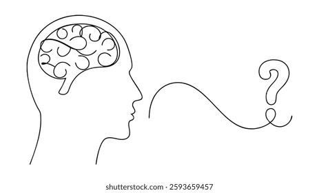 Oneline drawing of a head with a brain inside, emitting a question mark. Simple, minimalist design representing thought and inquiry.