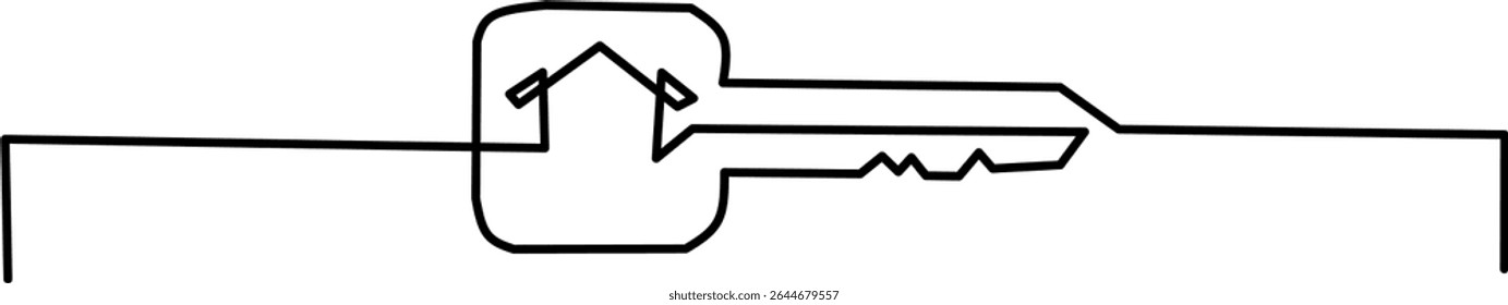 One-line drawing of a key with a house symbol, representing home security, real estate, and new beginnings. Perfect for logos, icons, or website design.
