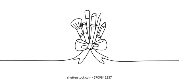 Dibujo en línea de pinceles de maquillaje atados con una ilustración vectorial aislada de cinta