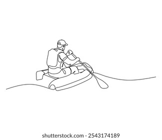 Dibujo de una línea de un hombre en kayak en un río tranquilo, disfrutando de una aventura al aire libre pacífica