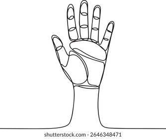  one-line drawing of an open human hand with fingers spread in continuous black line on white background