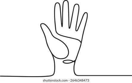  one-line drawing of an open human hand with fingers spread in continuous black line on white background
