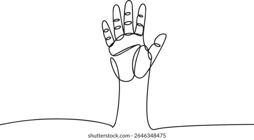  desenho de uma linha de uma mão humana aberta com os dedos espalhados em linha preta contínua sobre fundo branco