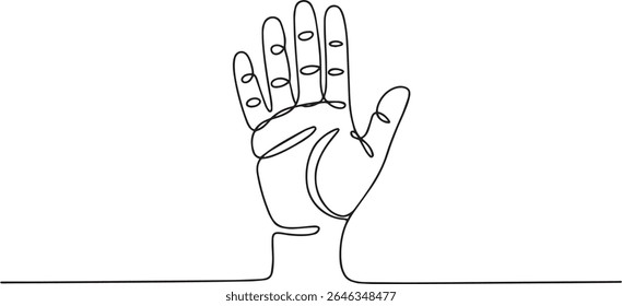  desenho de uma linha de uma mão humana aberta com os dedos espalhados em linha preta contínua sobre fundo branco