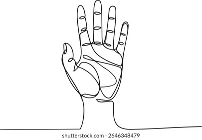  one-line drawing of an open human hand with fingers spread in continuous black line on white background