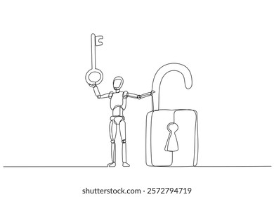 One-line drawing of robot android figure holding key with open padlock minimalist vector illustration. Symbol of unlocking access suitable for business concepts. For AI and data analytics services